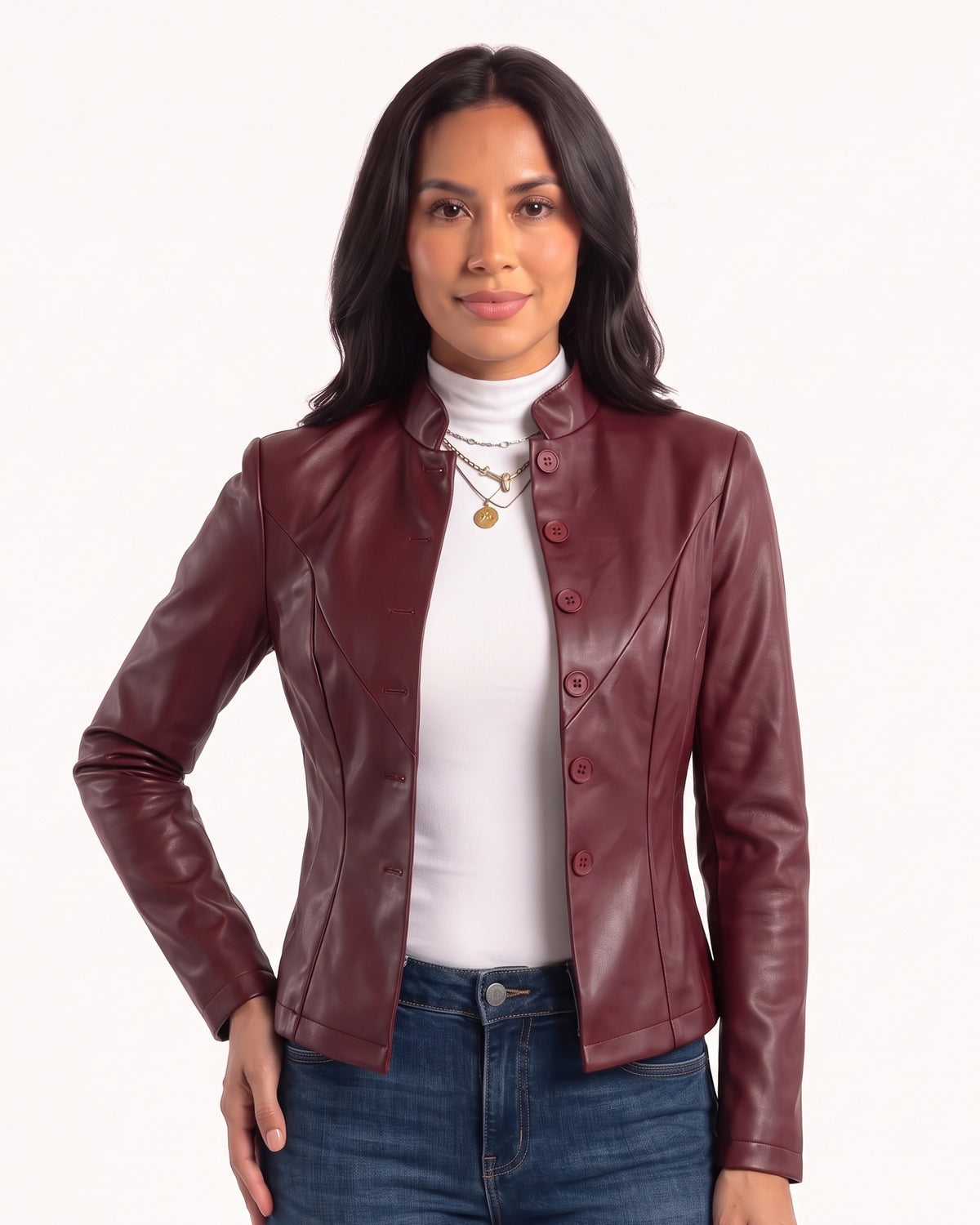Burgundy faux leather cropped jacket, stand collar, button front, seamed waist