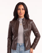 Dark brown faux leather cropped jacket, stand collar, button front, seamed waist