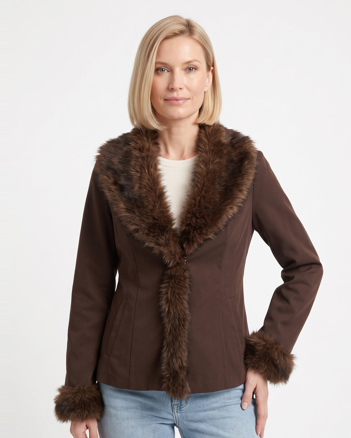 Women’s brown fitted jacket with faux-fur V-collar, peplum waist, and fur-trim cuffs