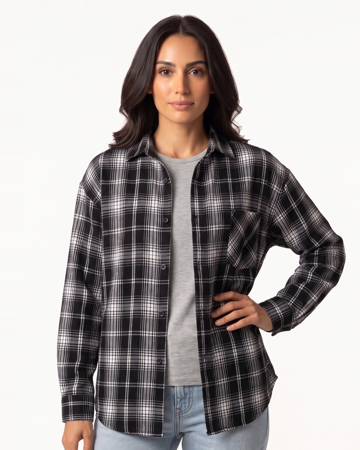 Women's black-and-white plaid button-down shirt with chest pocket, collar, long sleeves