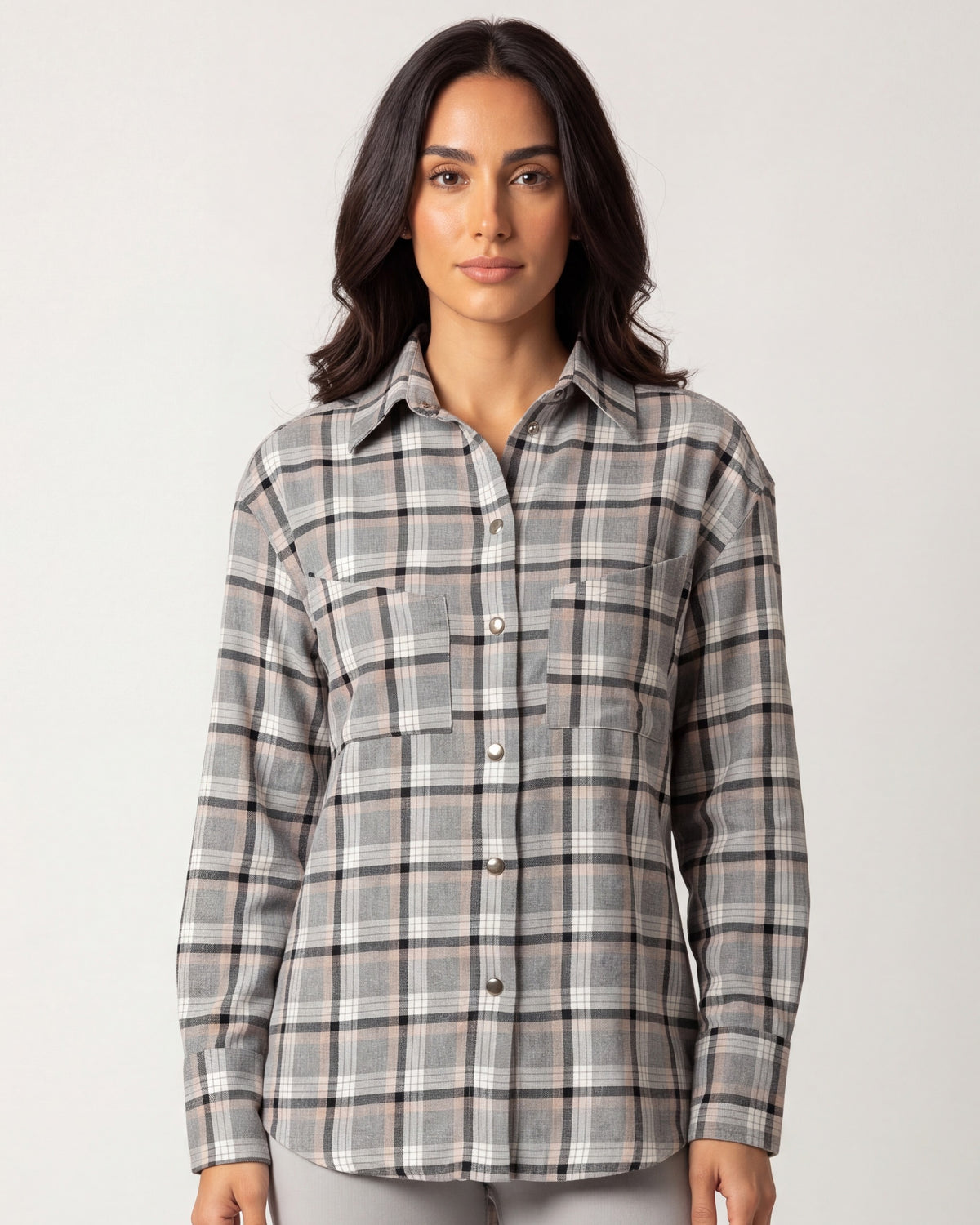 Gray plaid button-down shirt with chest pockets and front buttons