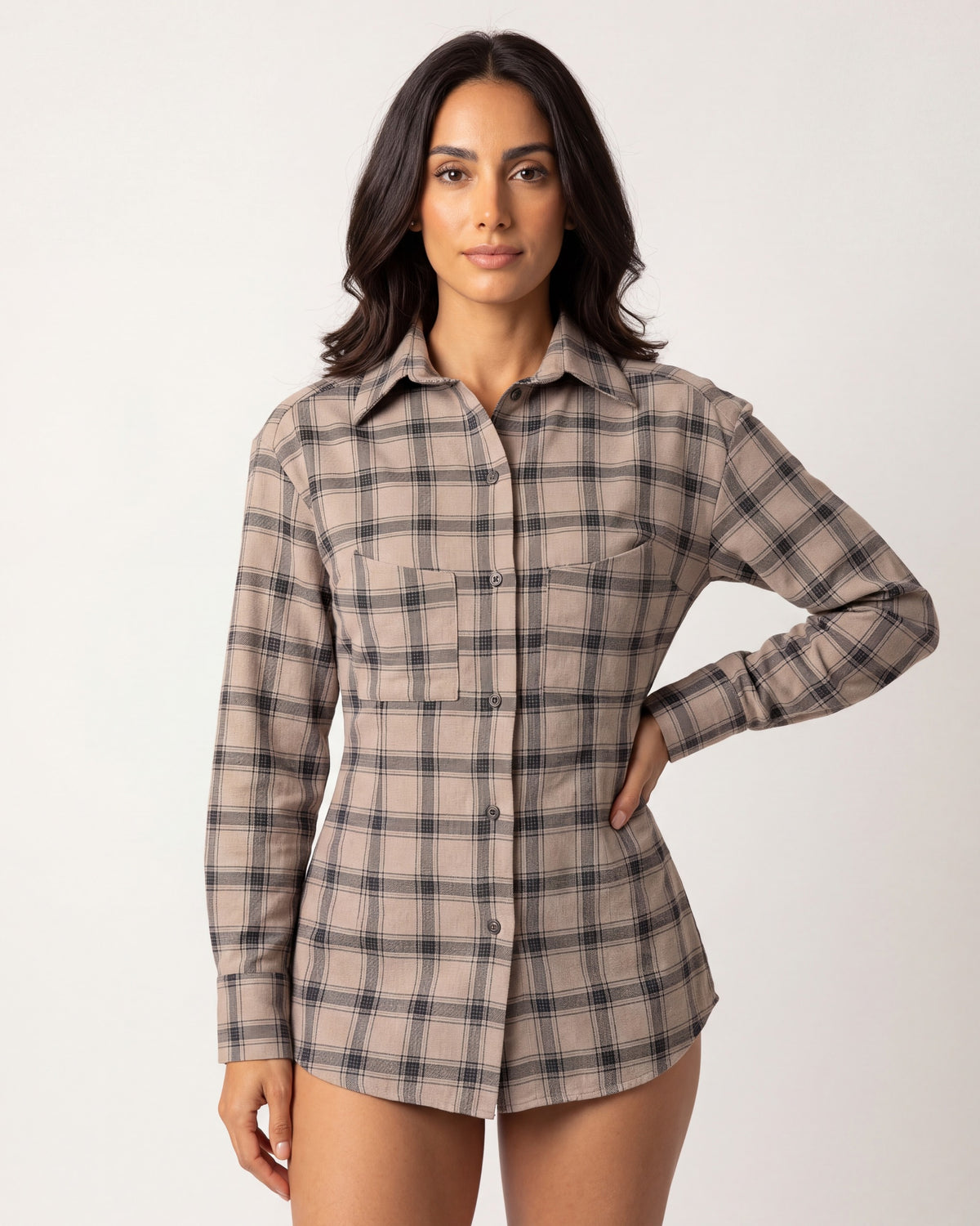 Beige plaid button-down shirt with chest pockets and front button placket