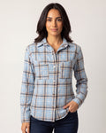 Light blue plaid button-down shirt with chest pockets and front buttons