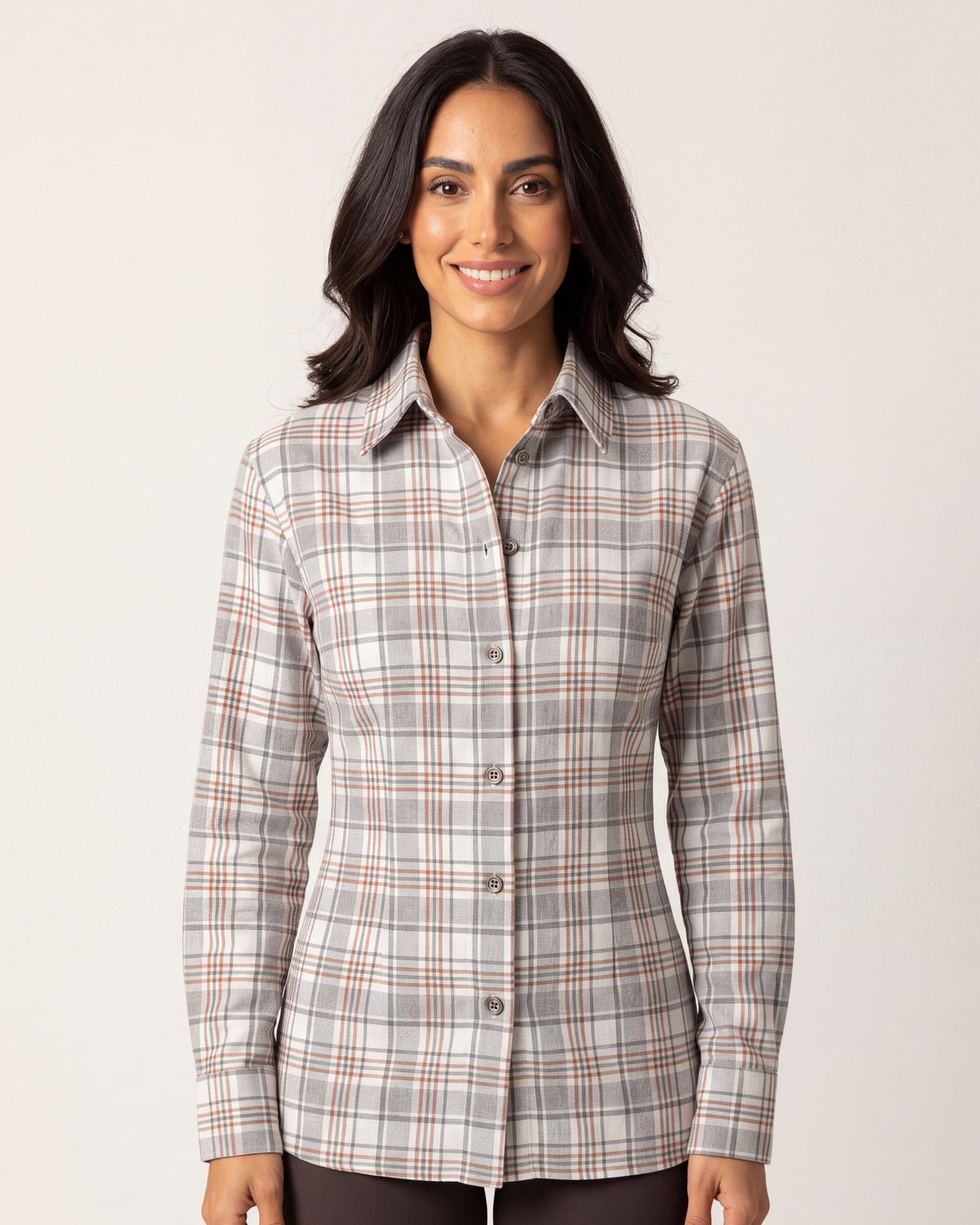Light gray plaid button-down shirt with chest pockets and front button placket