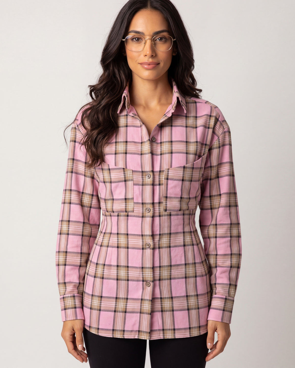 Pink plaid button-down shirt with chest pockets and gathered cinched waist