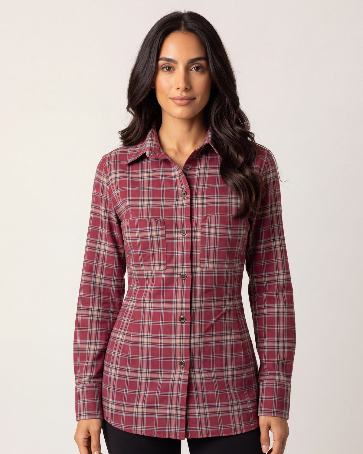 Red plaid button-down shirt with chest pockets and front buttons