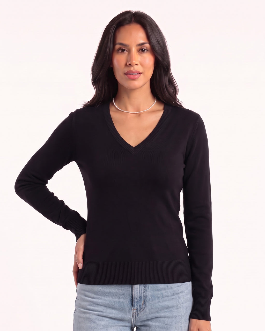 Women’s black V-neck fitted sweater with long sleeves and ribbed hem