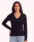 Women’s black V-neck fitted sweater with long sleeves and ribbed hem