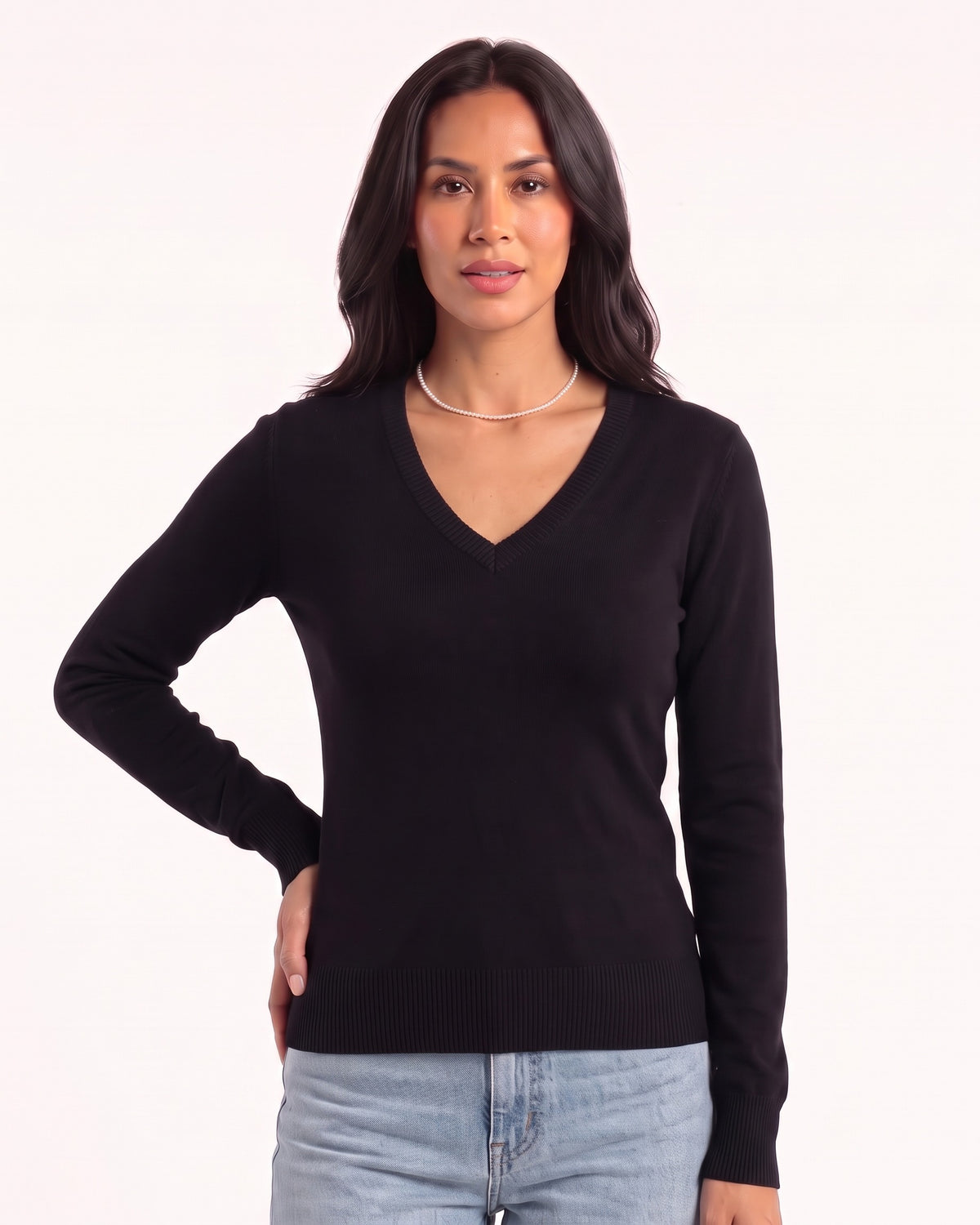 Women’s black V-neck fitted sweater with long sleeves and ribbed hem