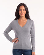 Women’s light gray V-neck fitted sweater with long sleeves and ribbed cuffs