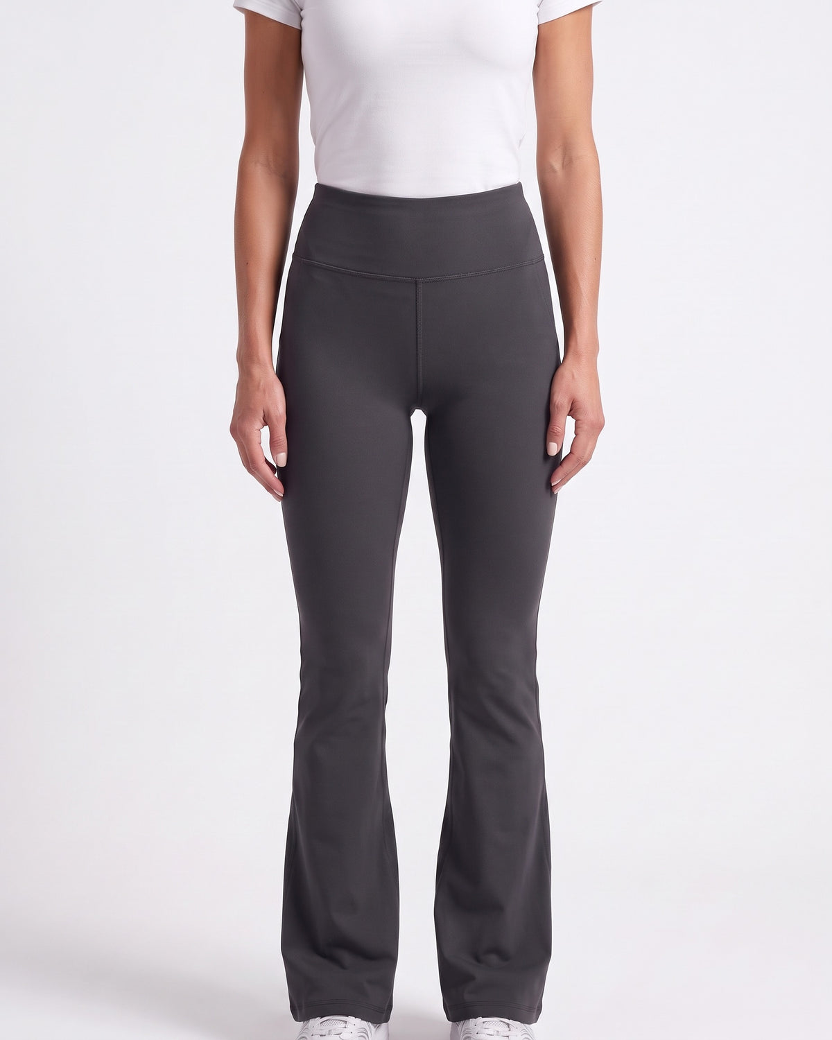 High-waisted flare leggings in dark gray, full-length bell bottom yoga pants