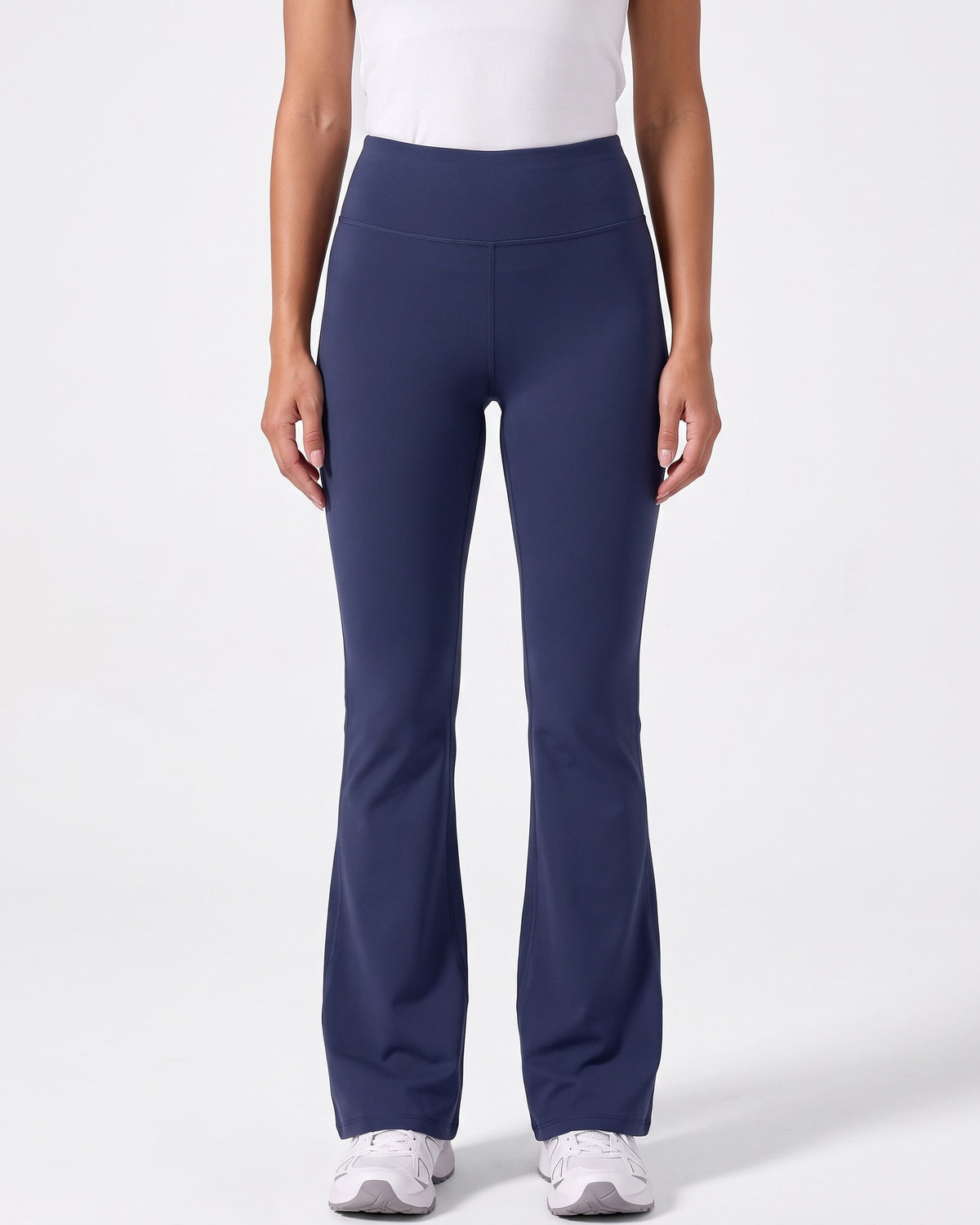 High-waisted flare leggings in navy, full-length bell bottom yoga pants