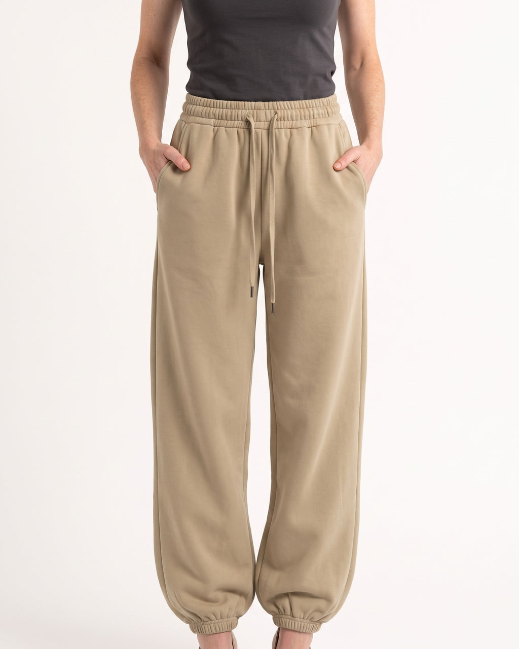 Khaki fleece jogger sweatpants, high waist drawstring, roomy balloon legs, cuffed ankles