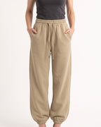 Khaki fleece jogger sweatpants, high waist drawstring, roomy balloon legs, cuffed ankles