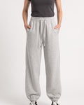 Heather gray fleece jogger sweatpants, high waist, drawstring, loose balloon fit, cuffed ankles
