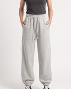 Heather gray fleece jogger sweatpants, high waist, drawstring, loose balloon fit, cuffed ankles