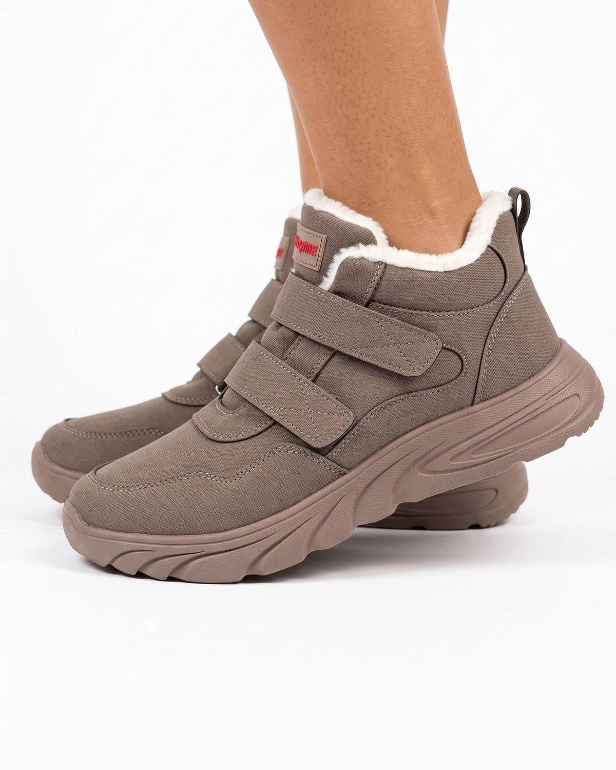 Taupe high-top sneakers with fleece lining and hook-and-loop strap, thick outsole