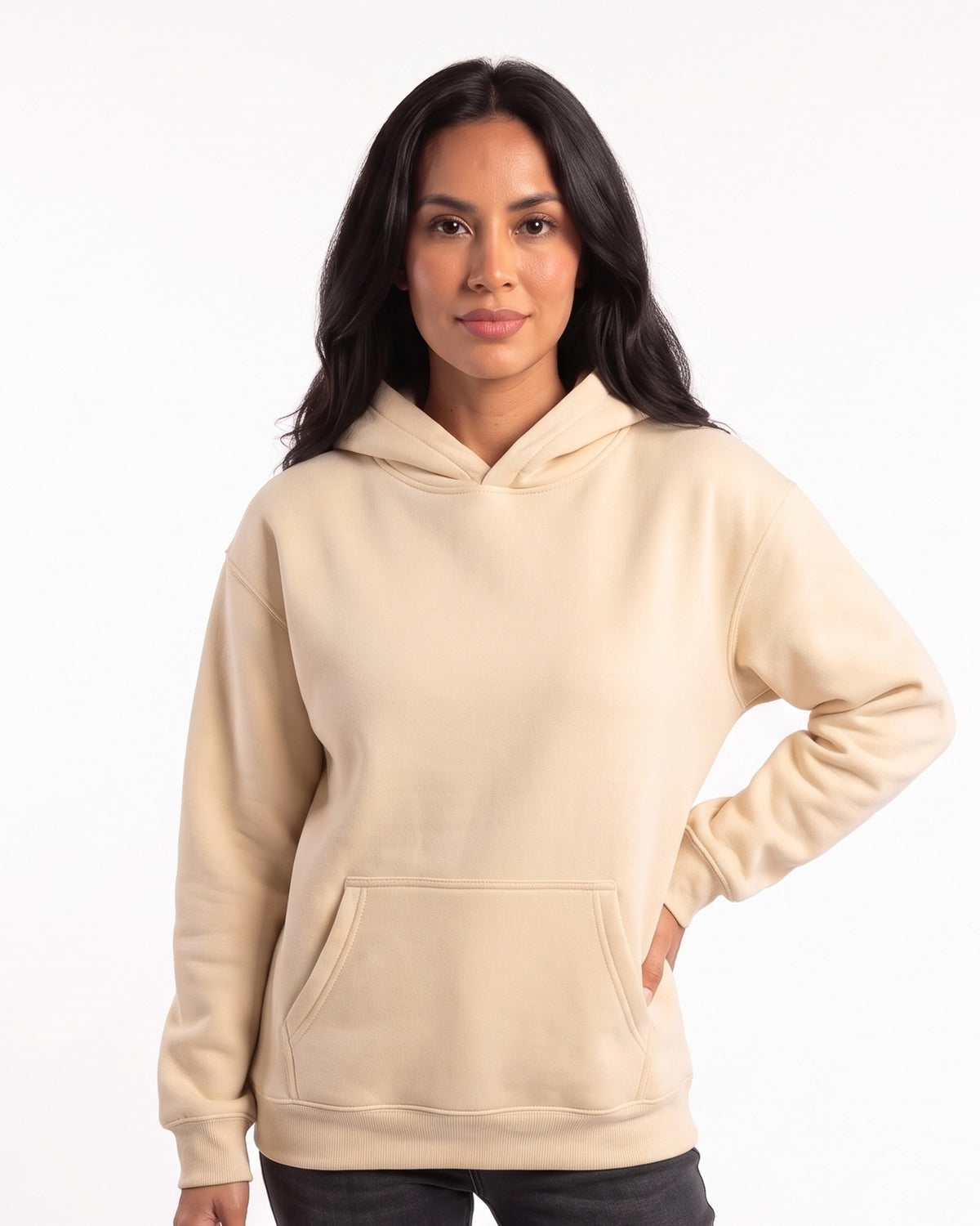 Beige women's fleece pullover hoodie with kangaroo pocket and ribbed cuffs