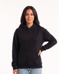 Black women's fleece pullover hoodie with kangaroo pocket and ribbed cuffs