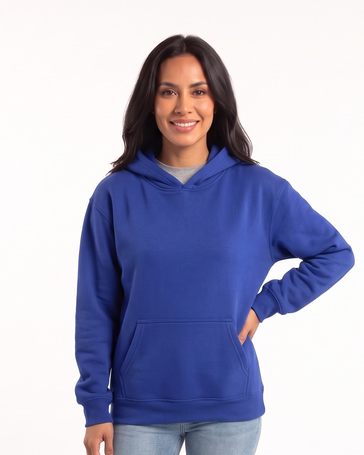Women's blue pullover hoodie with kangaroo pocket and ribbed cuffs