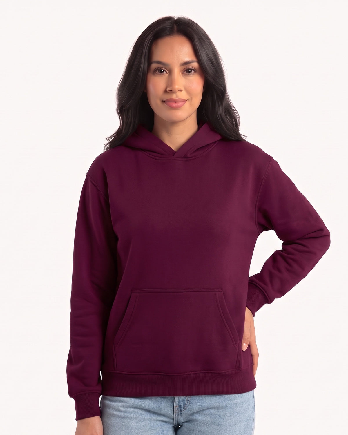 Women's burgundy pullover hoodie with kangaroo pocket and ribbed cuffs