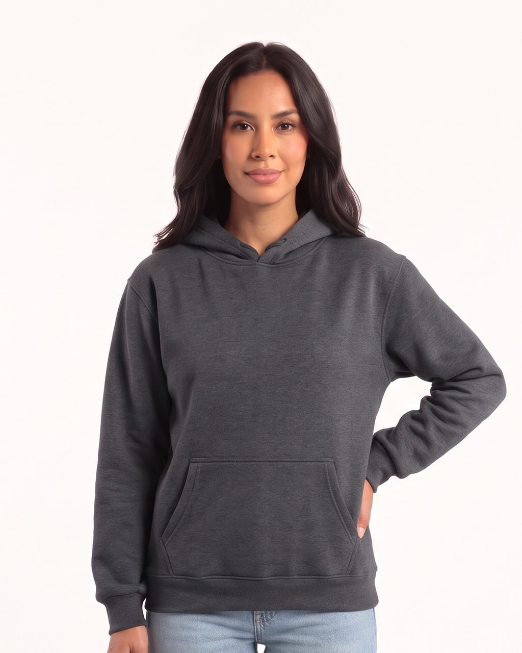 Dark gray women's fleece pullover hoodie with kangaroo pocket and ribbed cuffs