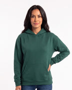 Dark green women's fleece pullover hoodie with kangaroo pocket and ribbed cuffs