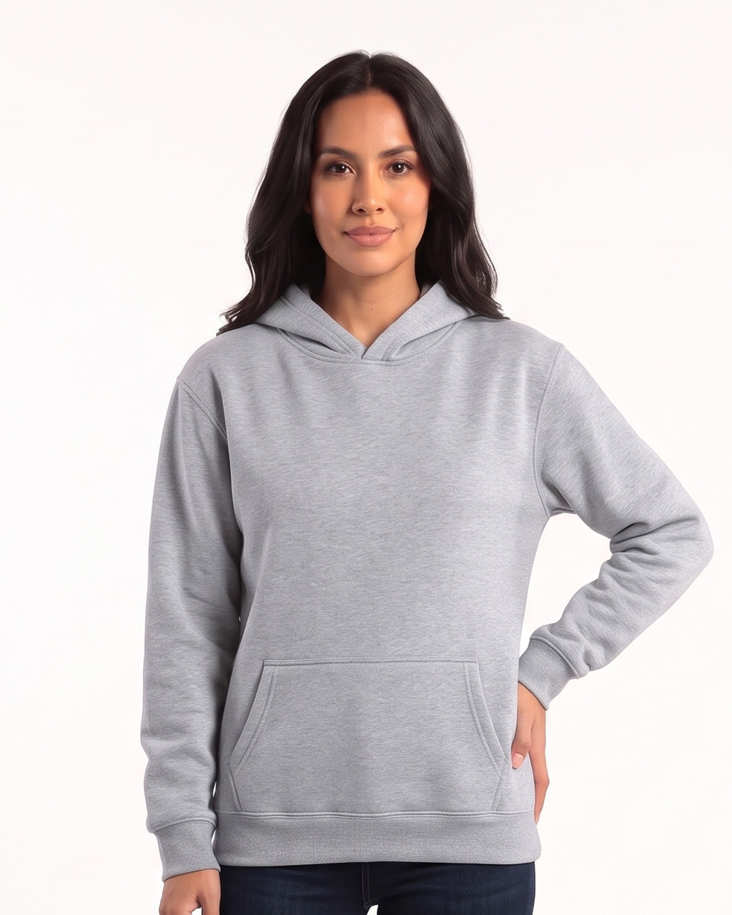 Light gray women's fleece pullover hoodie with kangaroo pocket and ribbed cuffs