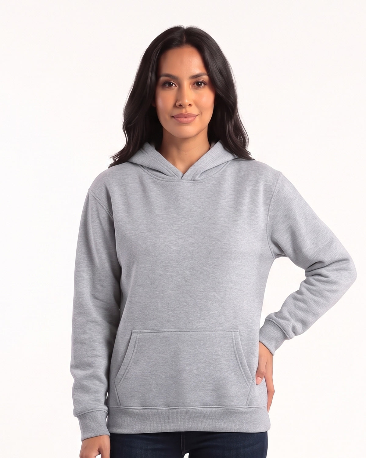 Light gray women's fleece pullover hoodie with kangaroo pocket and ribbed cuffs