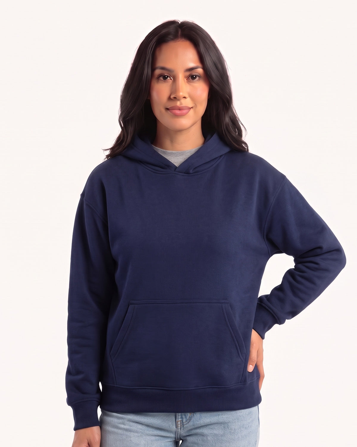 Women's navy pullover hoodie with kangaroo pocket and ribbed cuffs