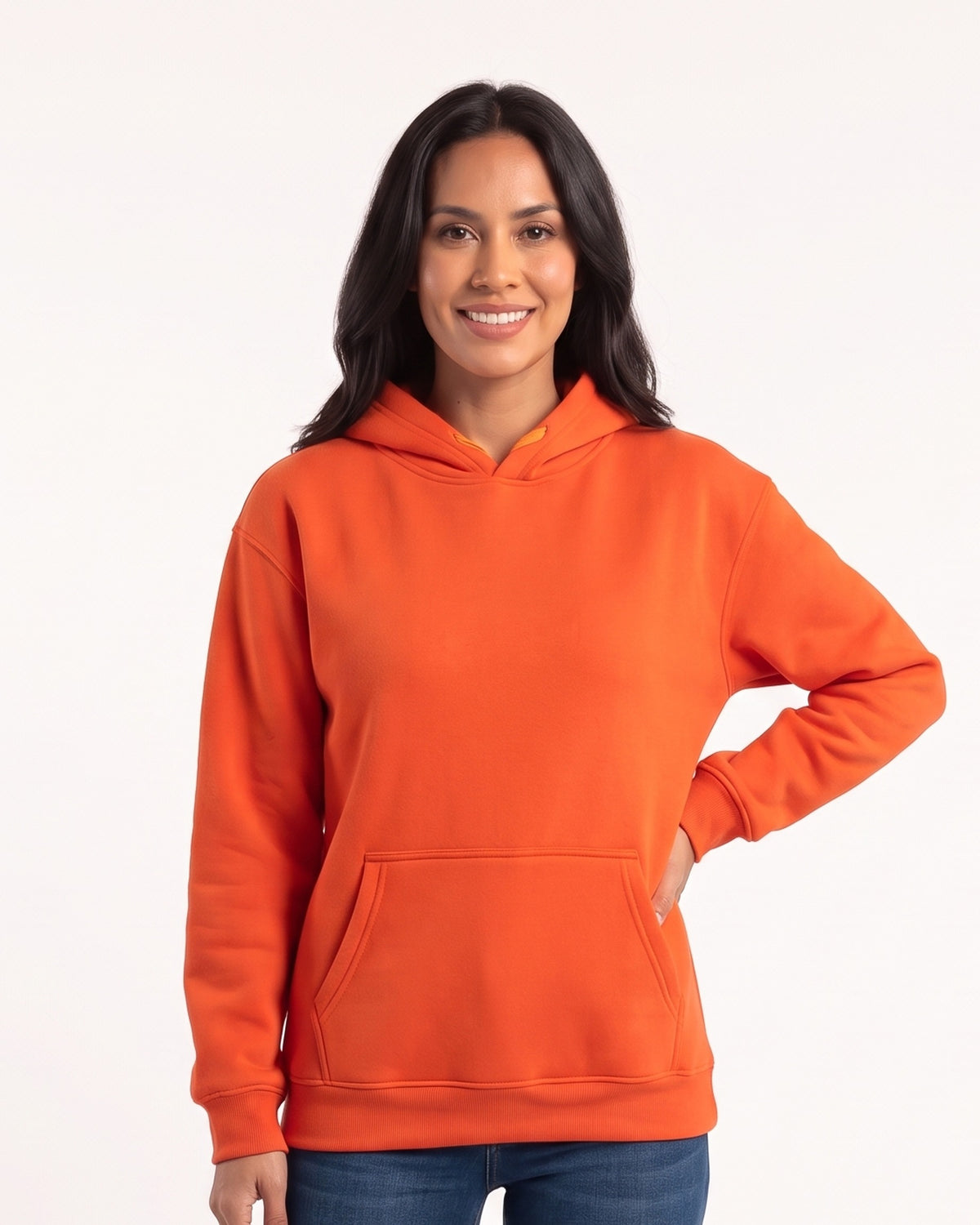 Orange women's fleece pullover hoodie with kangaroo pocket and ribbed cuffs