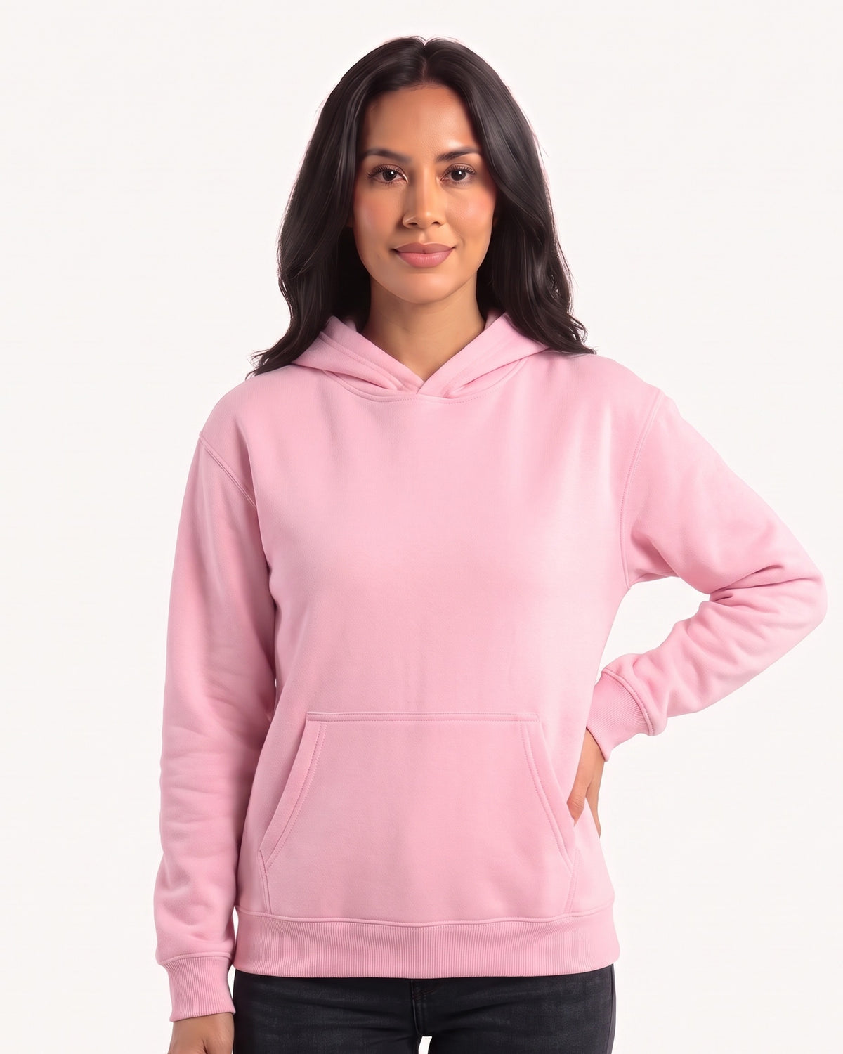 Pink women's fleece pullover hoodie with kangaroo pocket and ribbed cuffs