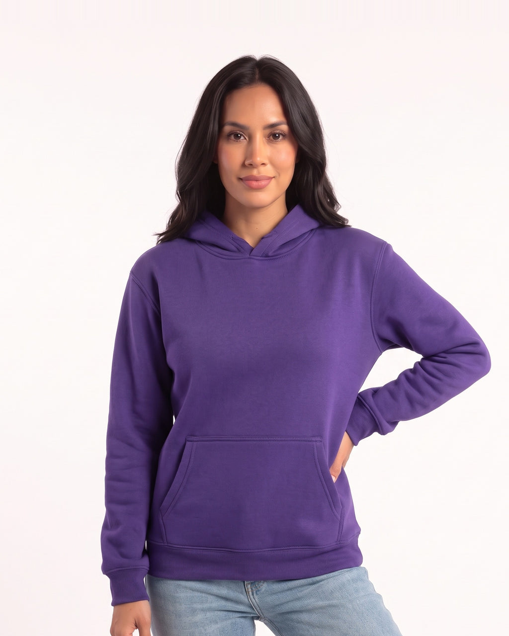 Purple women's fleece pullover hoodie with kangaroo pocket and ribbed cuffs