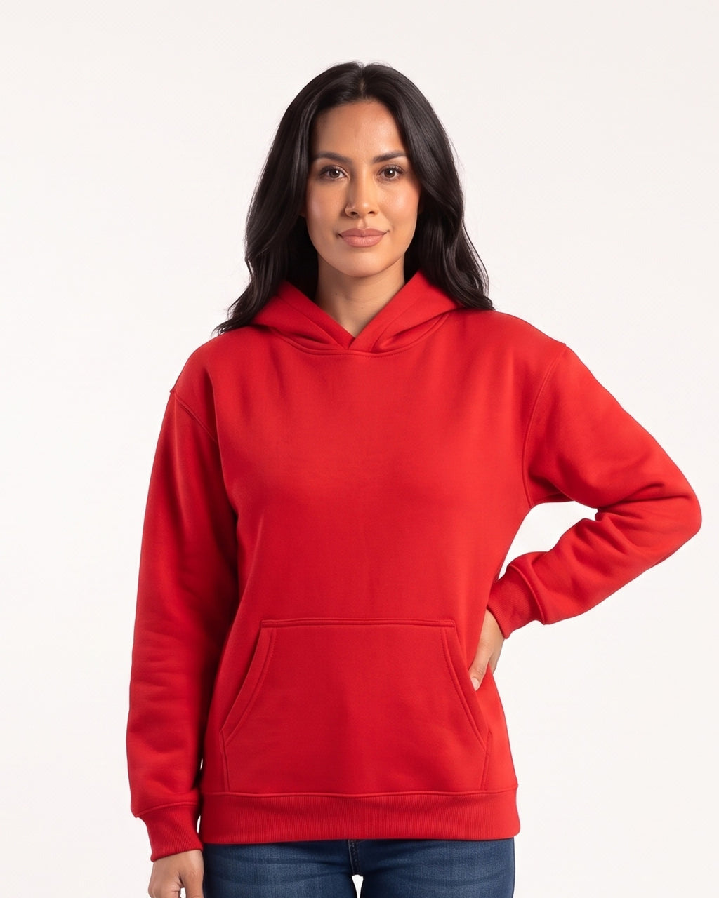 Red women's fleece pullover hoodie with kangaroo pocket and ribbed cuffs