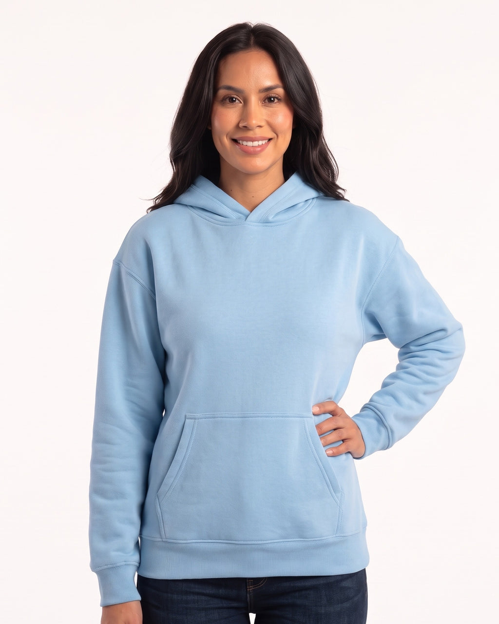 Sky blue women's fleece pullover hoodie with kangaroo pocket and ribbed cuffs