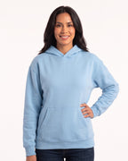 Sky blue women's fleece pullover hoodie with kangaroo pocket and ribbed cuffs