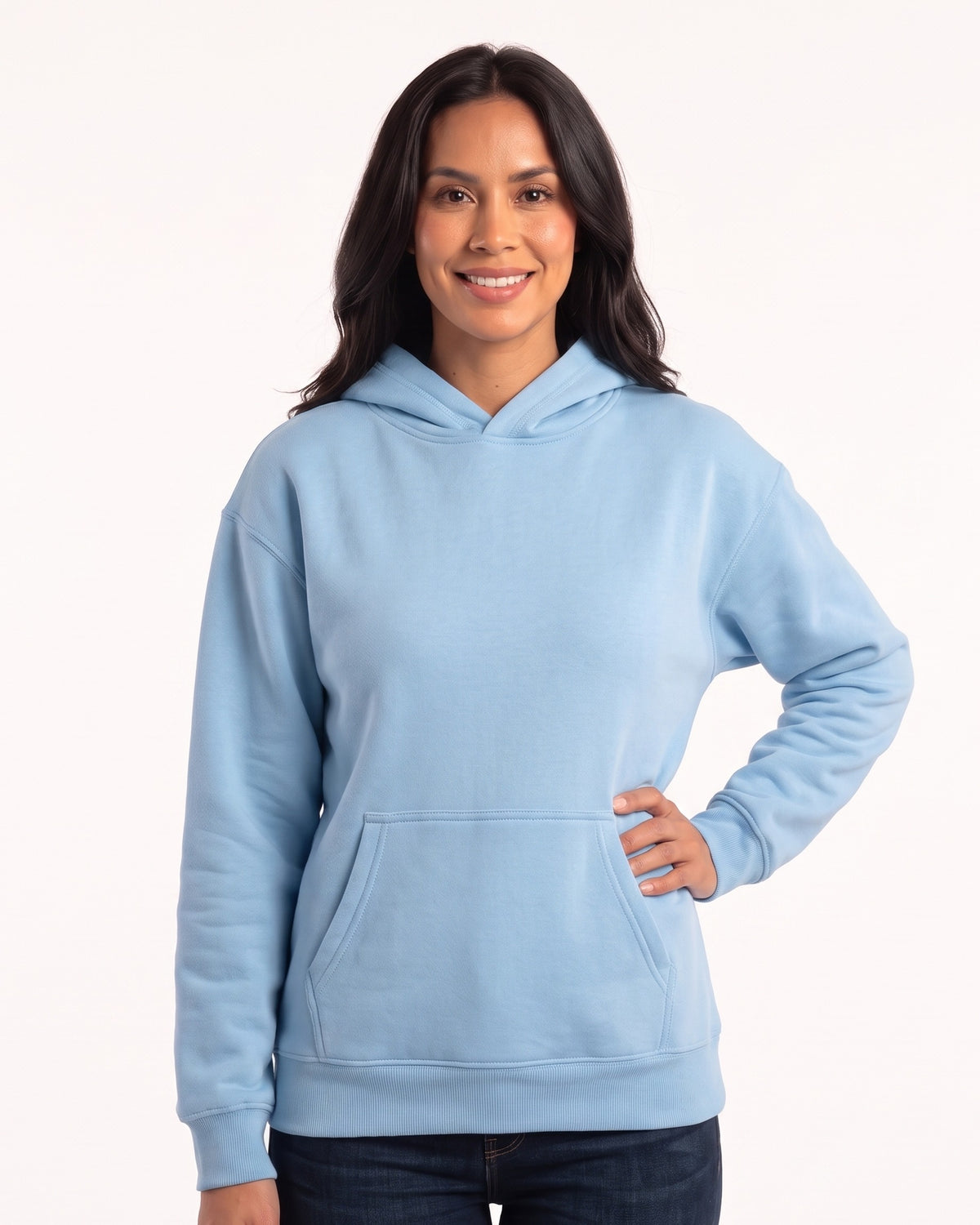 Sky blue women's fleece pullover hoodie with kangaroo pocket and ribbed cuffs