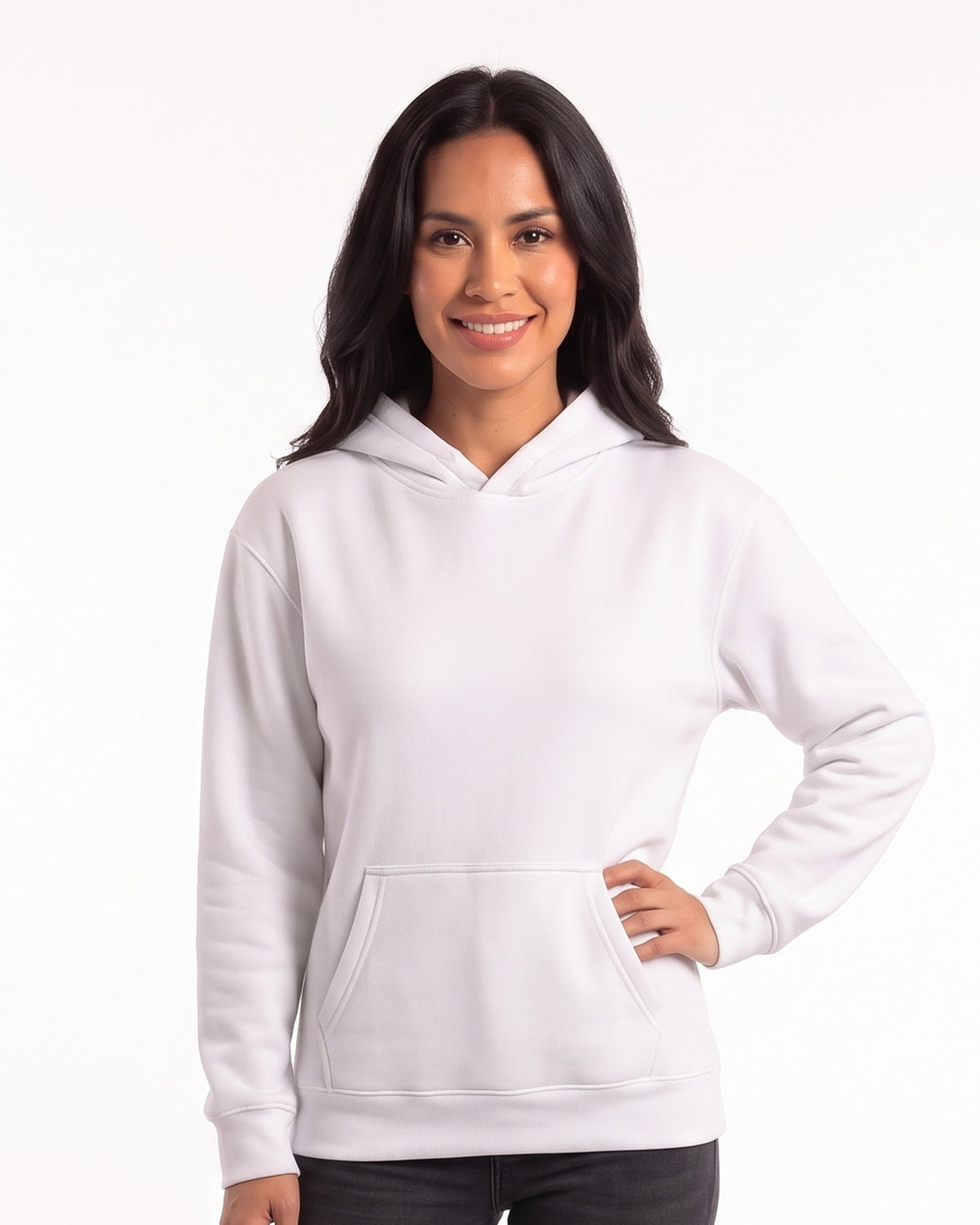 Women's white pullover hoodie with kangaroo pocket and ribbed cuffs