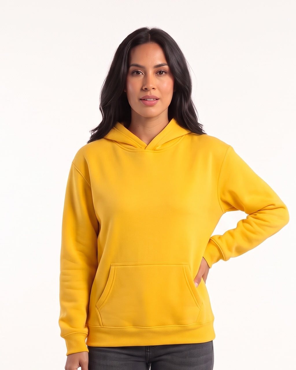 Women's yellow pullover hoodie with kangaroo pocket and ribbed cuffs