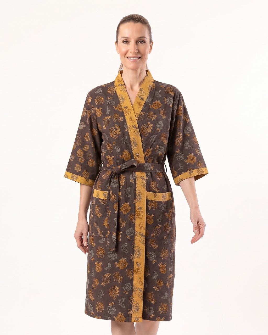 Dark brown floral cotton kimono robe with tie belt, V-neck, three-quarter sleeves