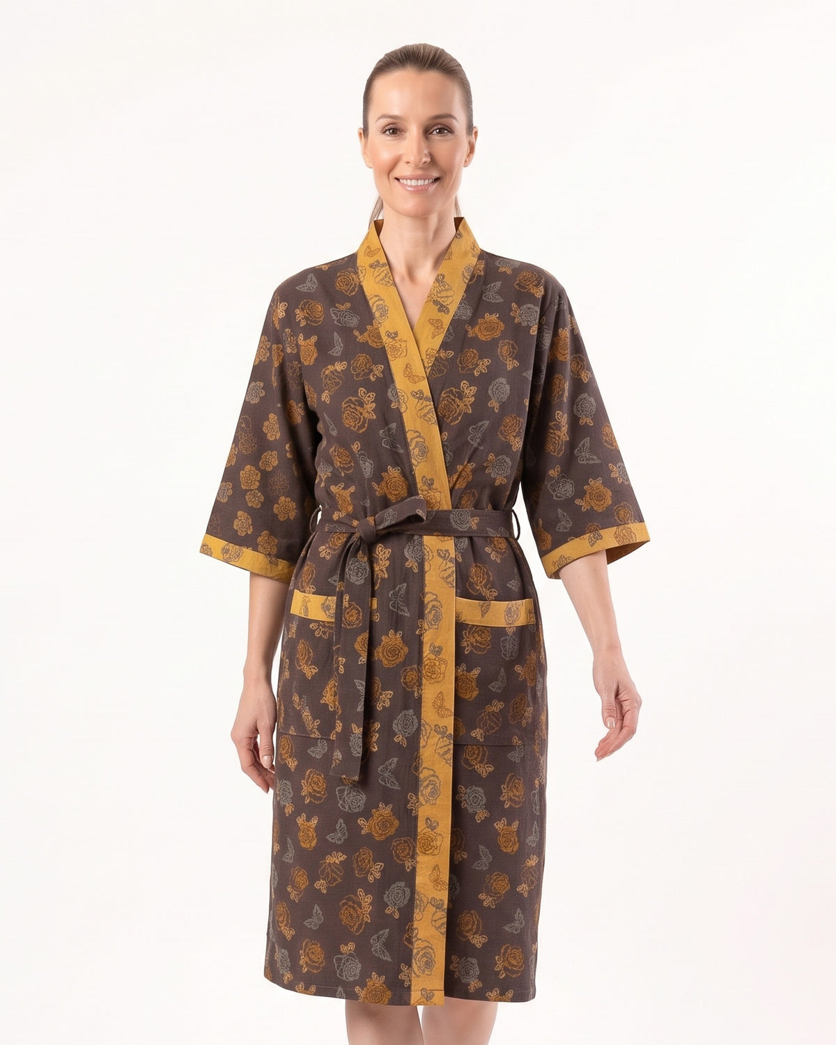 Dark brown floral cotton kimono robe with tie belt, V-neck, three-quarter sleeves