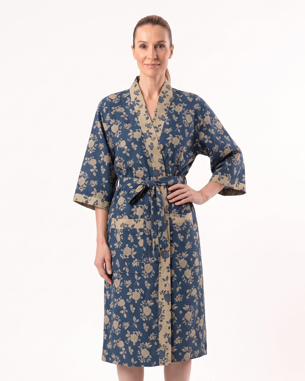 Navy blue floral cotton kimono robe with tie belt, V-neck, three-quarter sleeves