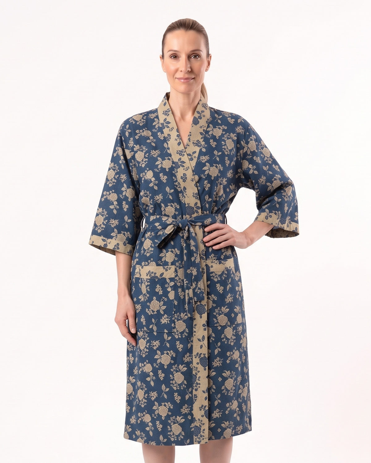 Navy blue floral cotton kimono robe with tie belt, V-neck, three-quarter sleeves