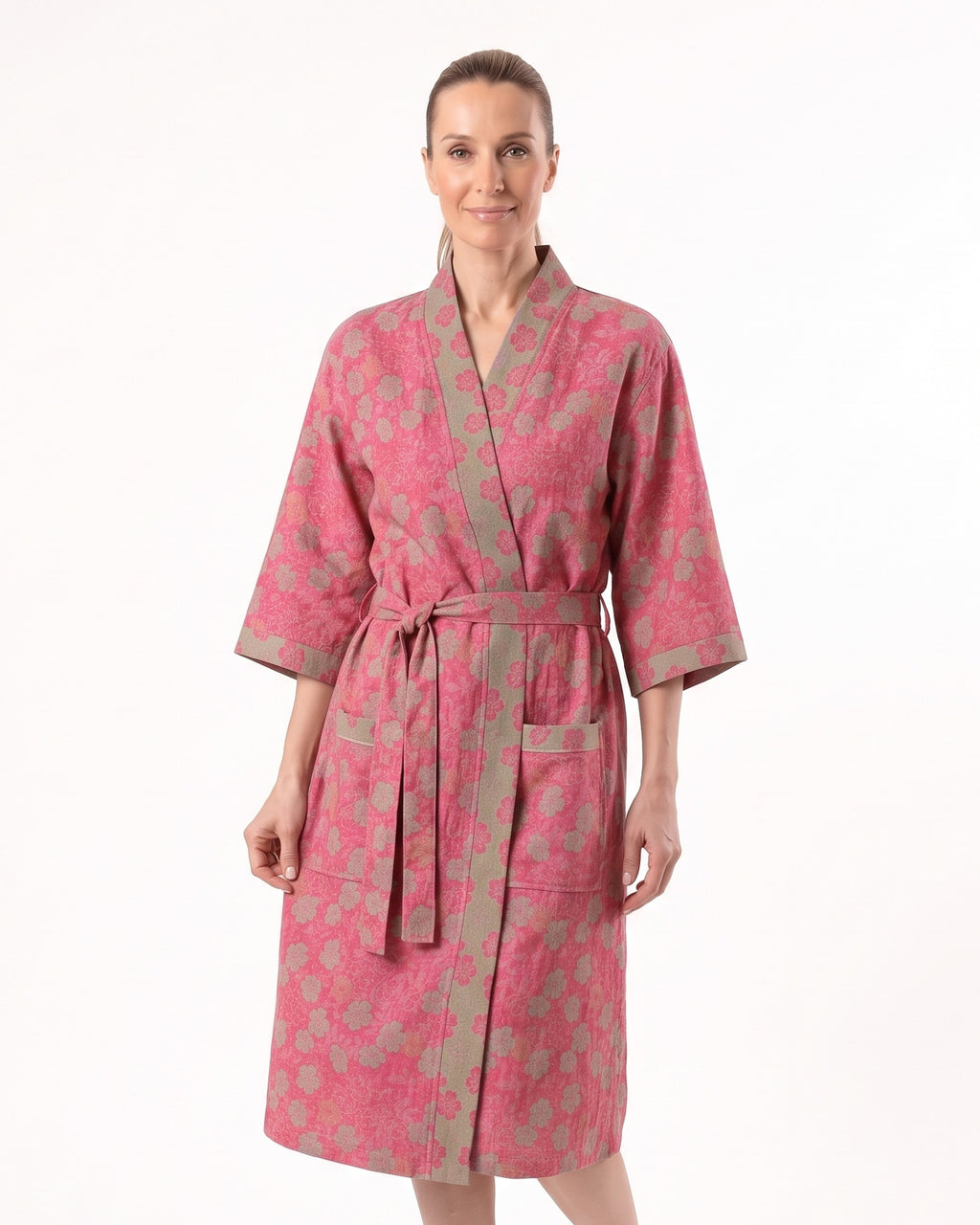 Pink floral cotton kimono robe with tie belt, V-neck, three-quarter sleeves