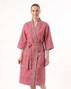 Pink floral cotton kimono robe with tie belt, V-neck, three-quarter sleeves