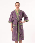Purple floral cotton kimono robe with tie belt, V-neck, three-quarter sleeves