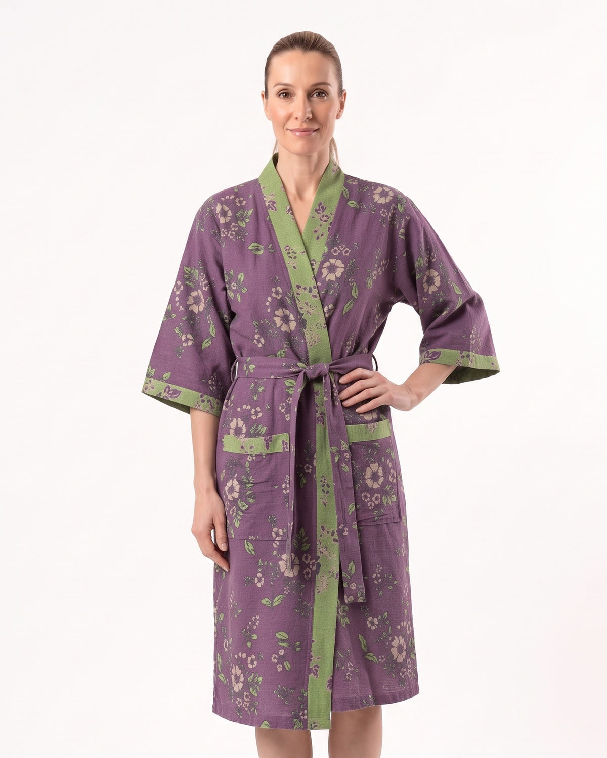 Purple floral cotton kimono robe with tie belt, V-neck, three-quarter sleeves