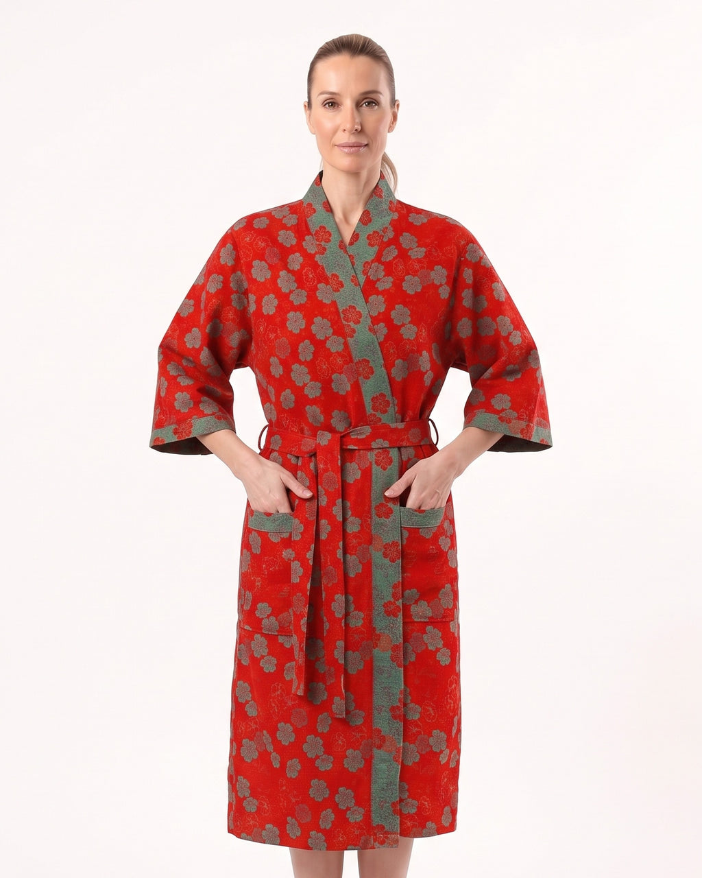 Red floral cotton kimono robe with tie belt, V-neck, three-quarter sleeves