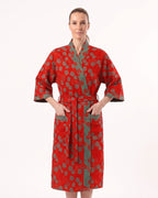 Red floral cotton kimono robe with tie belt, V-neck, three-quarter sleeves