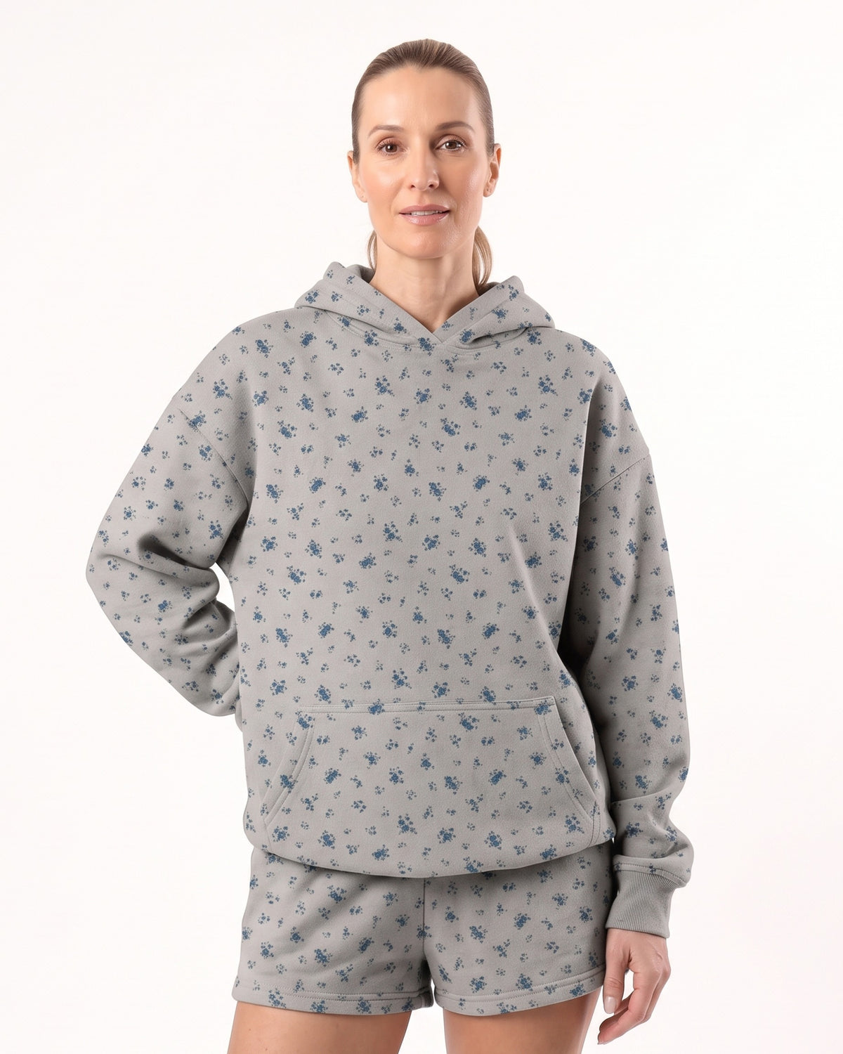 Women's gray floral fleece hoodie and shorts set with drawstring hood and relaxed fit